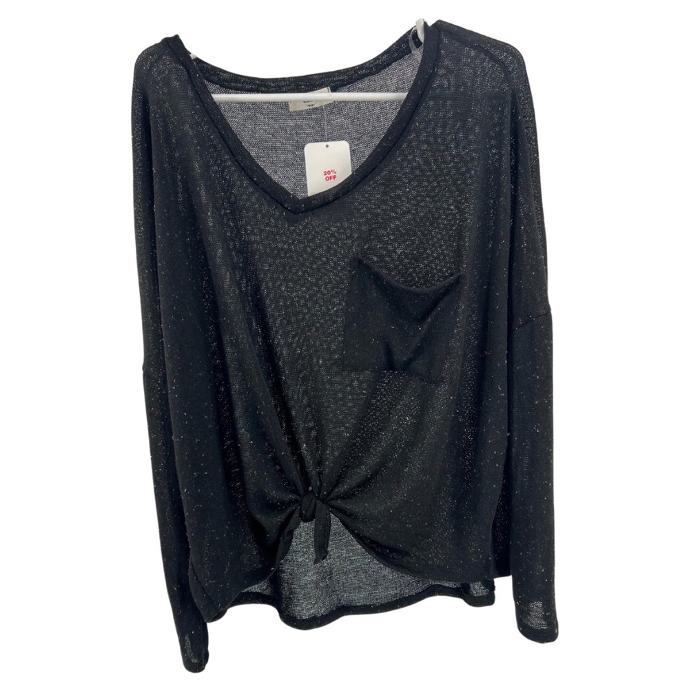 Entro tie waist sheer v-neck pullover sweater black color dots L casual